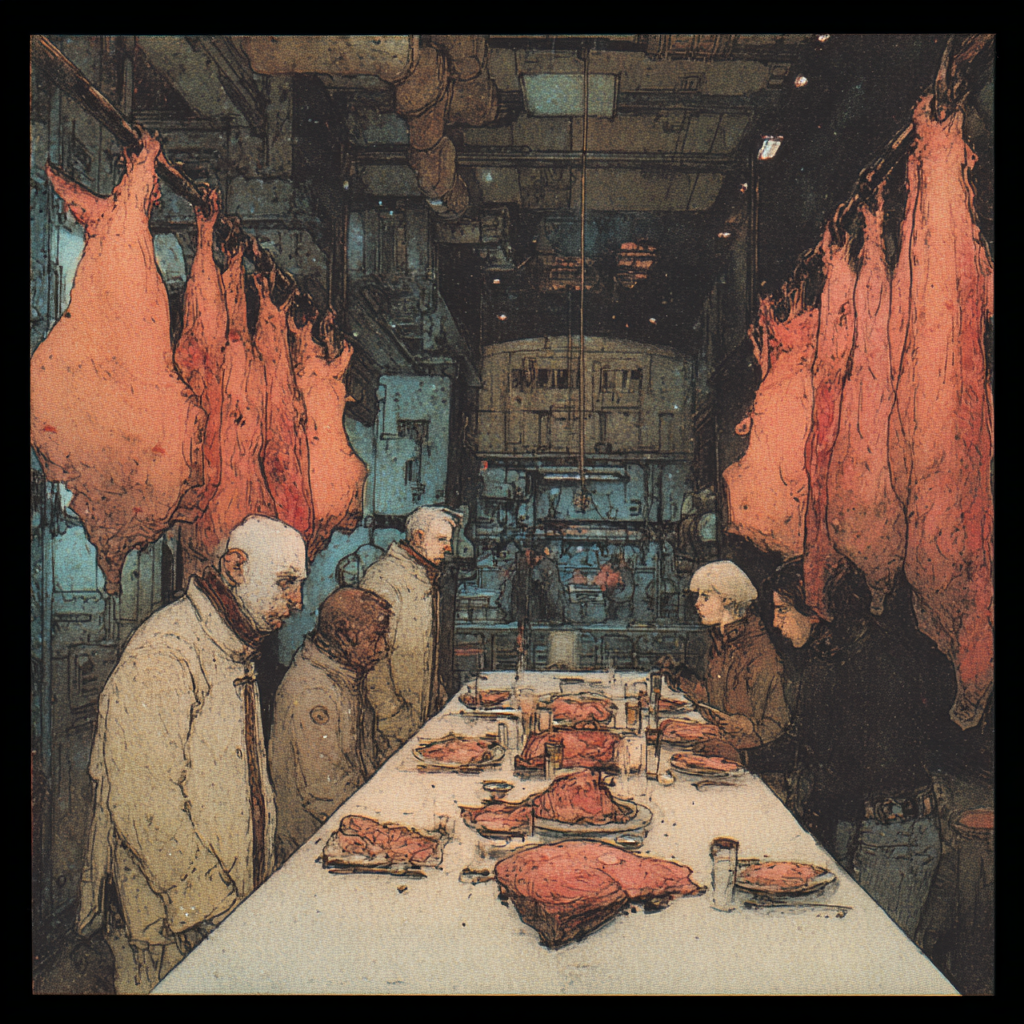 people eating in butcher house