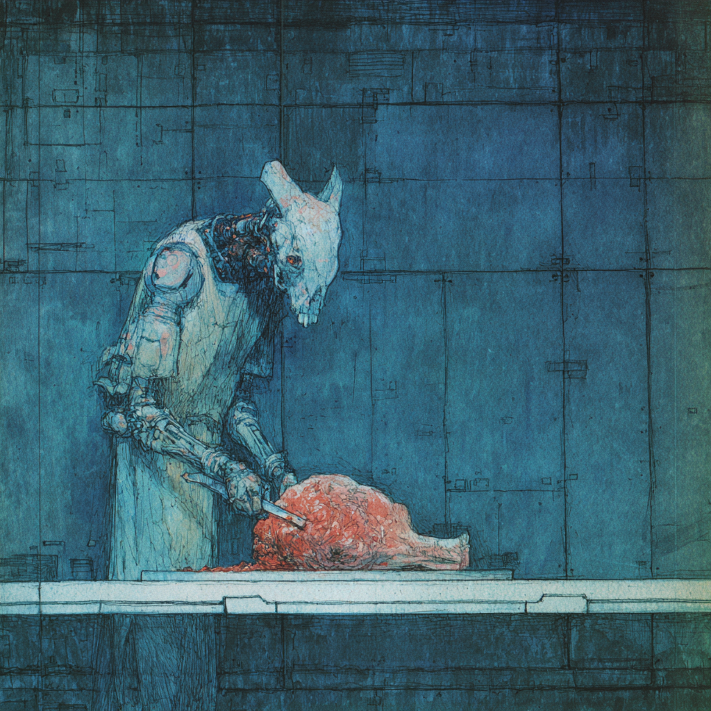 robot kroi mięso niebieska tonacja