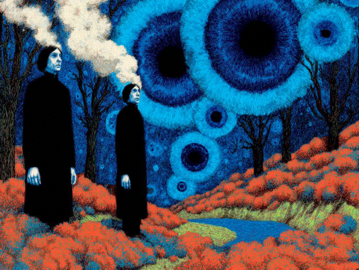 Ludzie z dymiącymi głowami na psychodelicznym niebieskiem tle