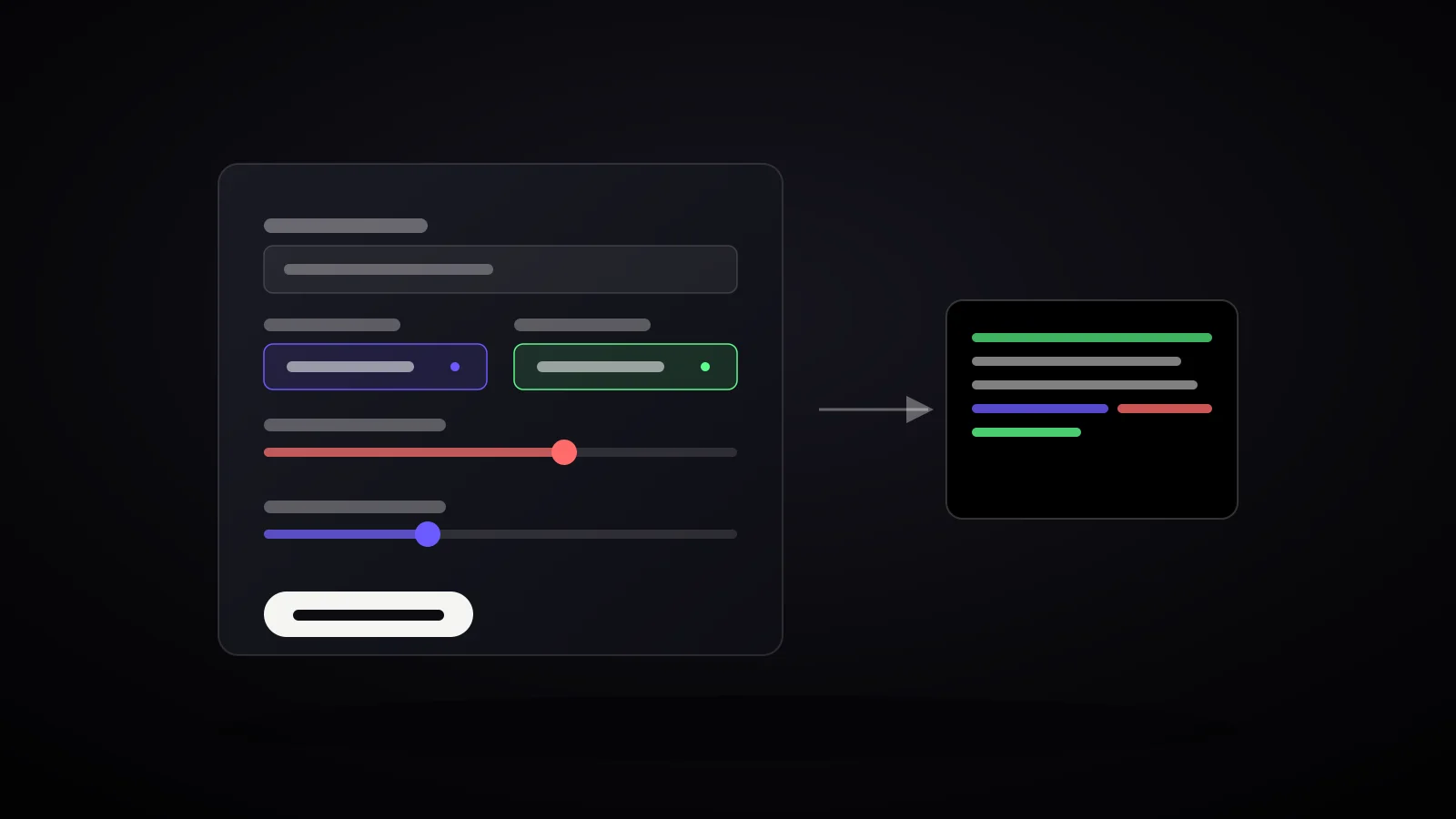 A form panel with fields (subject, style, parameter sliders) on the left, an arrow, and a black card with a finished, colour-highlighted prompt on the right