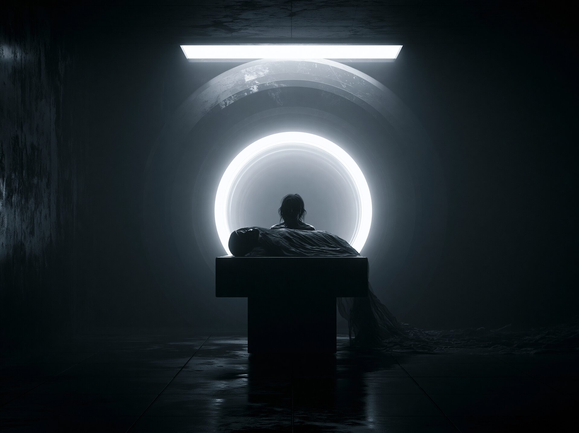 Silhouette of a person lying on a scanner table inside a glowing circular tunnel of light