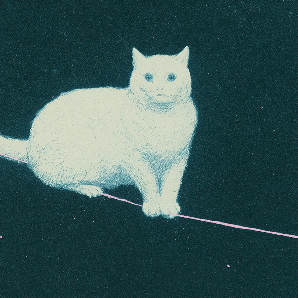 A white cat balancing on a thin pink thread against a dark background — Midjourney V8.1