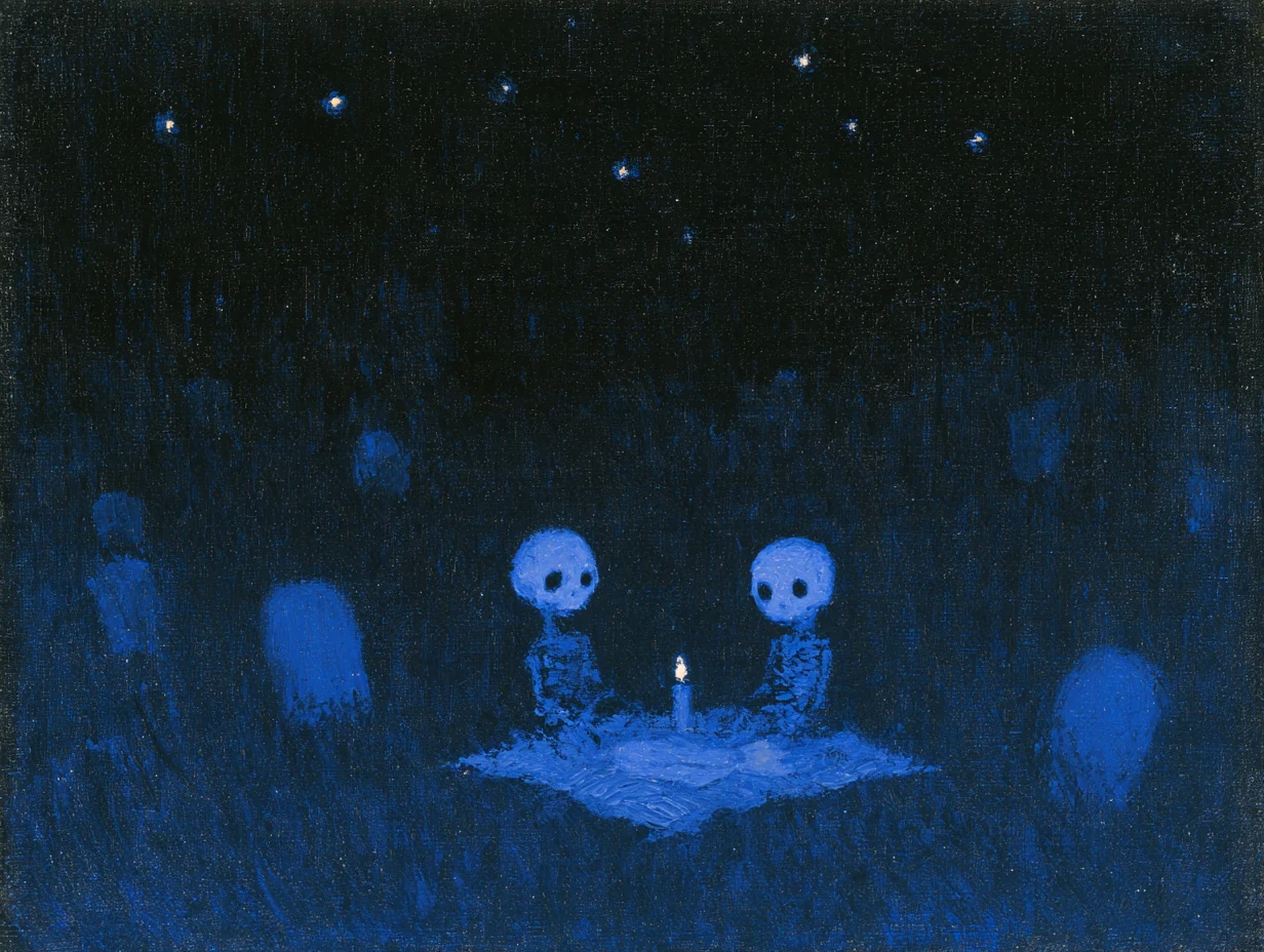 Two small skeletons beside a candle in a dark forest with a blue glow