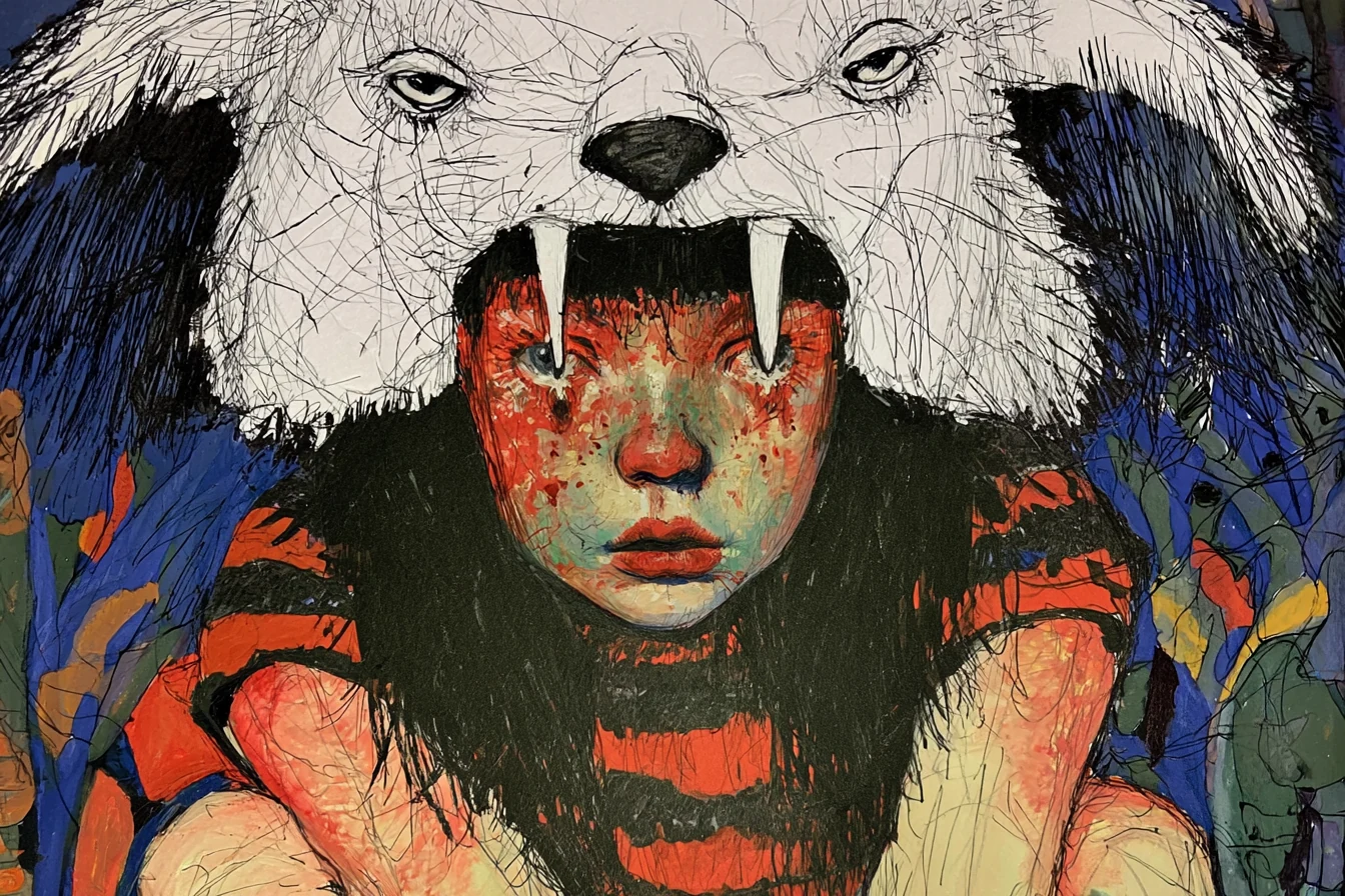 An expressive portrait beneath a white animal mask with fangs, surrounded by dense lines and patches of colour