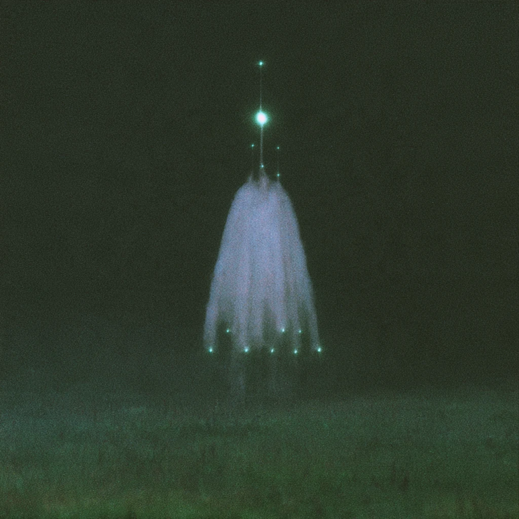 A pale, ghostly figure hovering above a dark green landscape — Midjourney V8.2