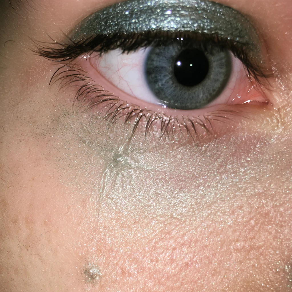 A close-up of an eye with shimmering makeup and moisture on the skin — Midjourney V8.2
