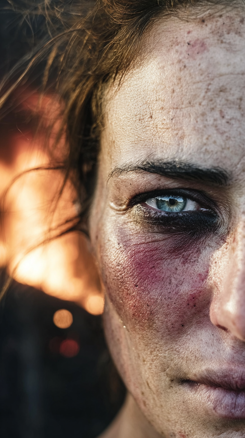 A hyperrealistic close-up portrait of a woman, visible freckles and skin texture, warm light in the background