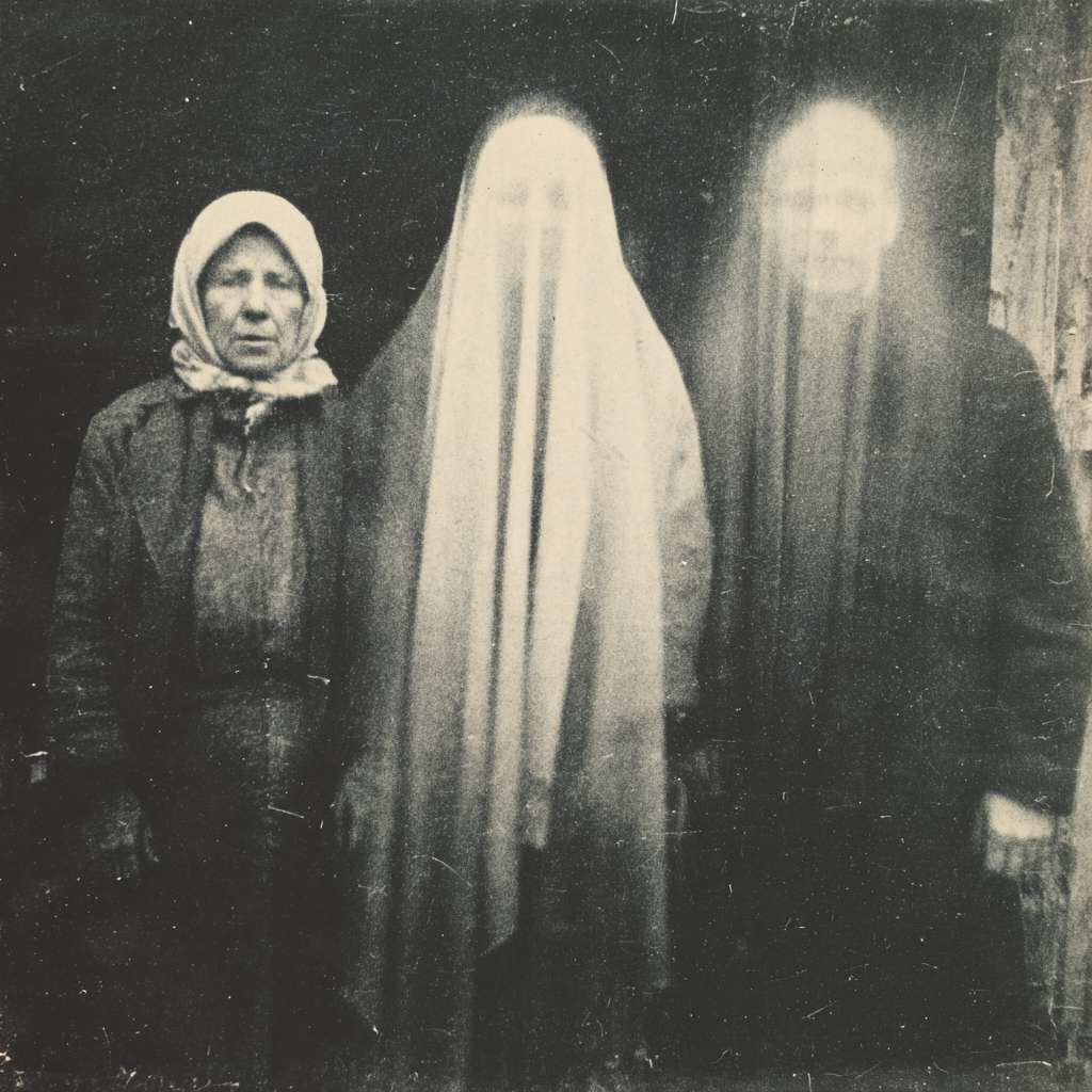 An old, aged photograph with hazy, semi-transparent figures, reminiscent of 19th-century ghost photos