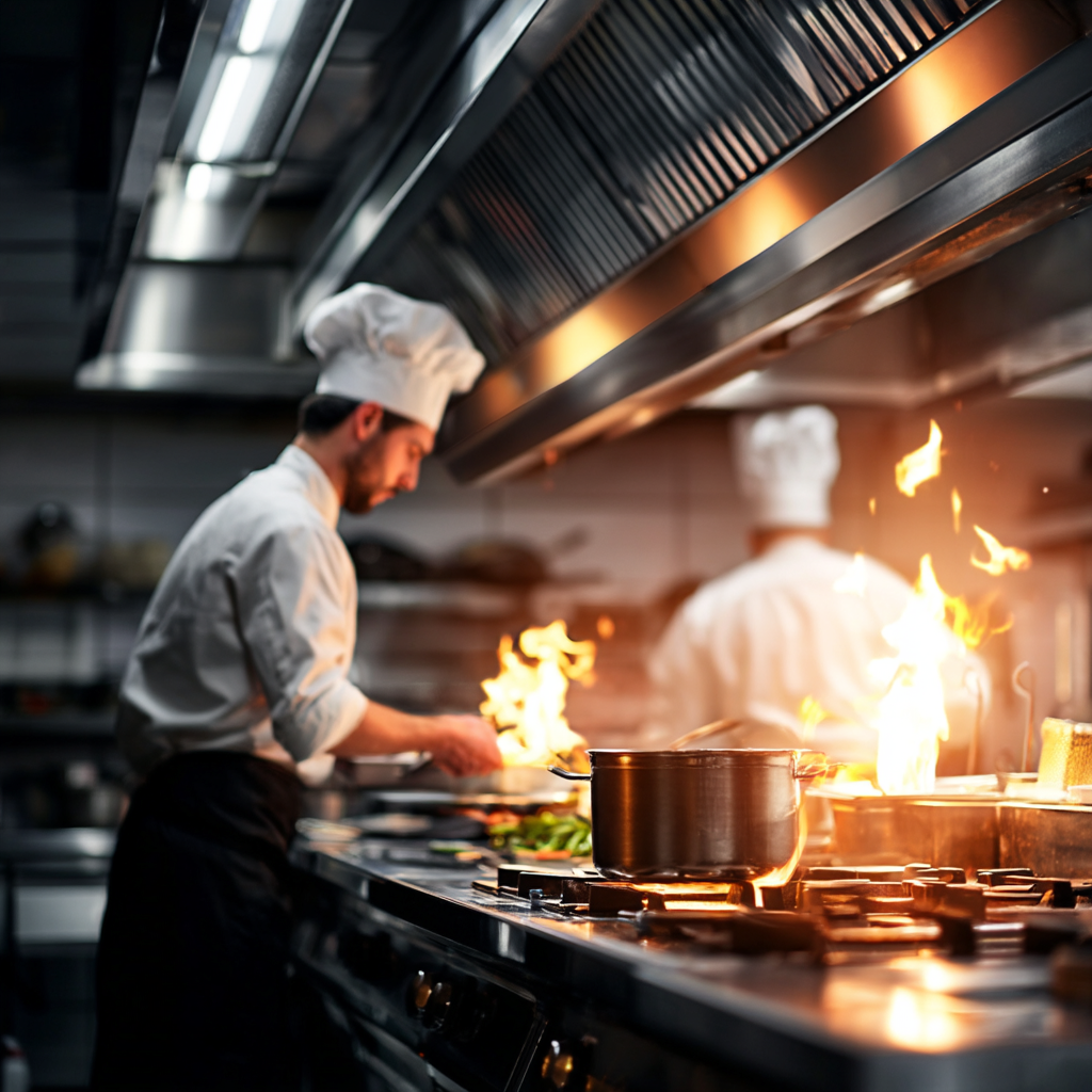 A busy professional restaurant kitchen, a chef at a burner with flames, a reportage-style frame