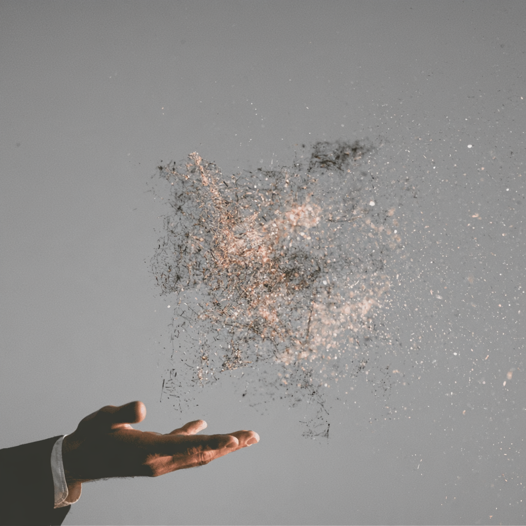 An outstretched hand beneath a floating, dissolving form against grey