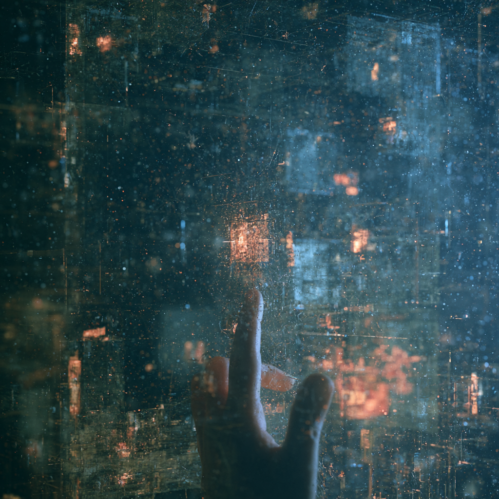 A finger reaching towards a luminous blue and orange surface