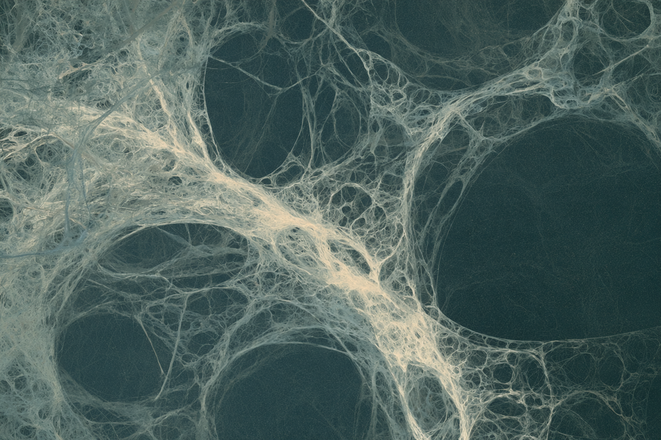 A pale network of fine fibres against a dark green background