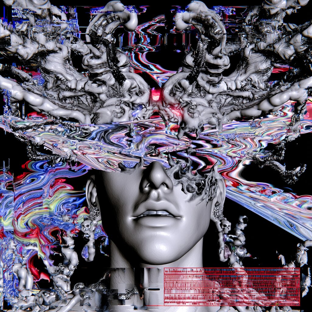 A chrome, heavily distorted portrait with RGB glitch and organic tendrils in a digital maxxing style