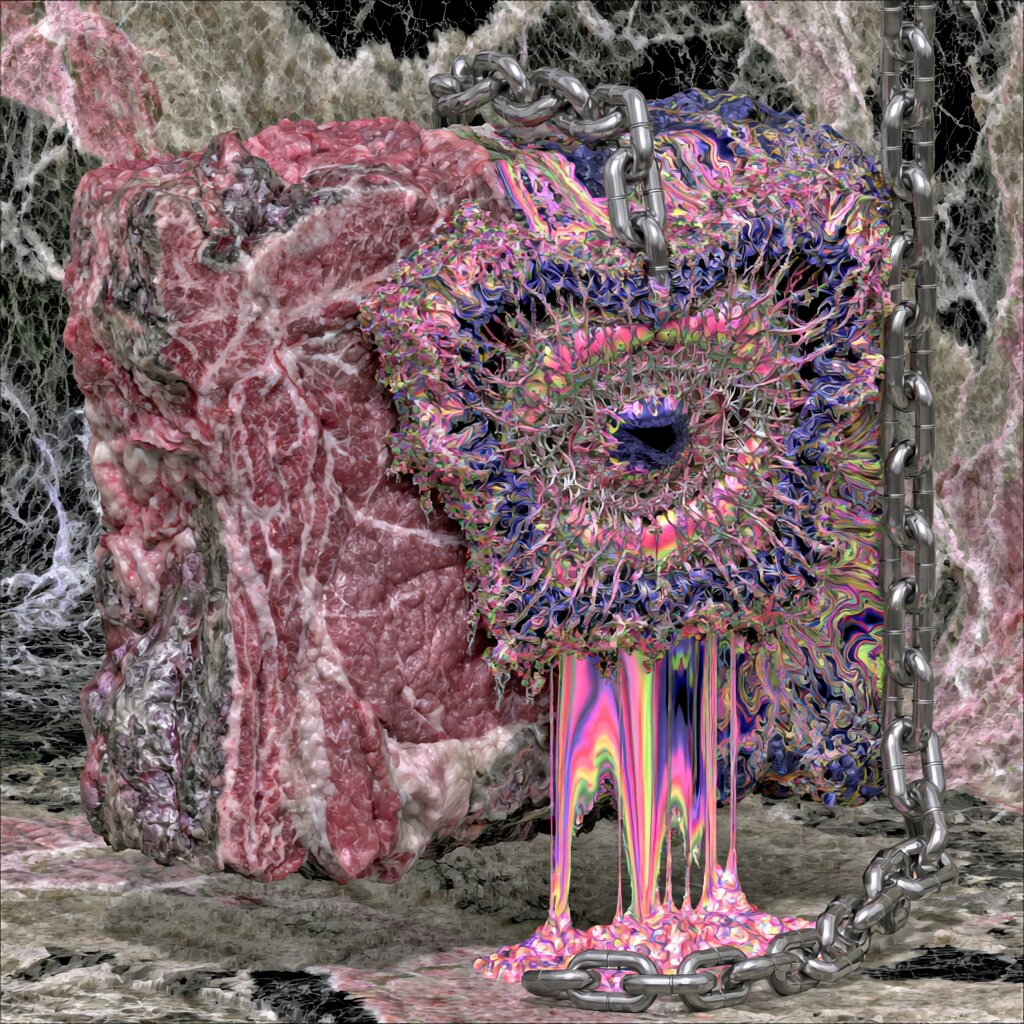 A raw cut of meat with a metal chain and an iridescent, chrome portal full of liquid color
