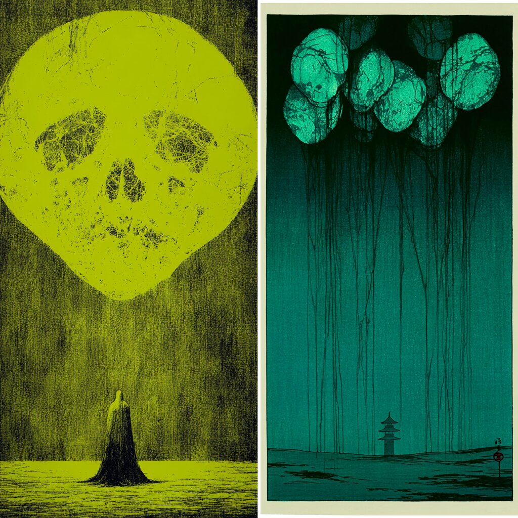 A duotone diptych: a yellow-green skull looming over a small shrouded figure, and a teal panel with hanging skull-like shapes above a pagoda silhouette