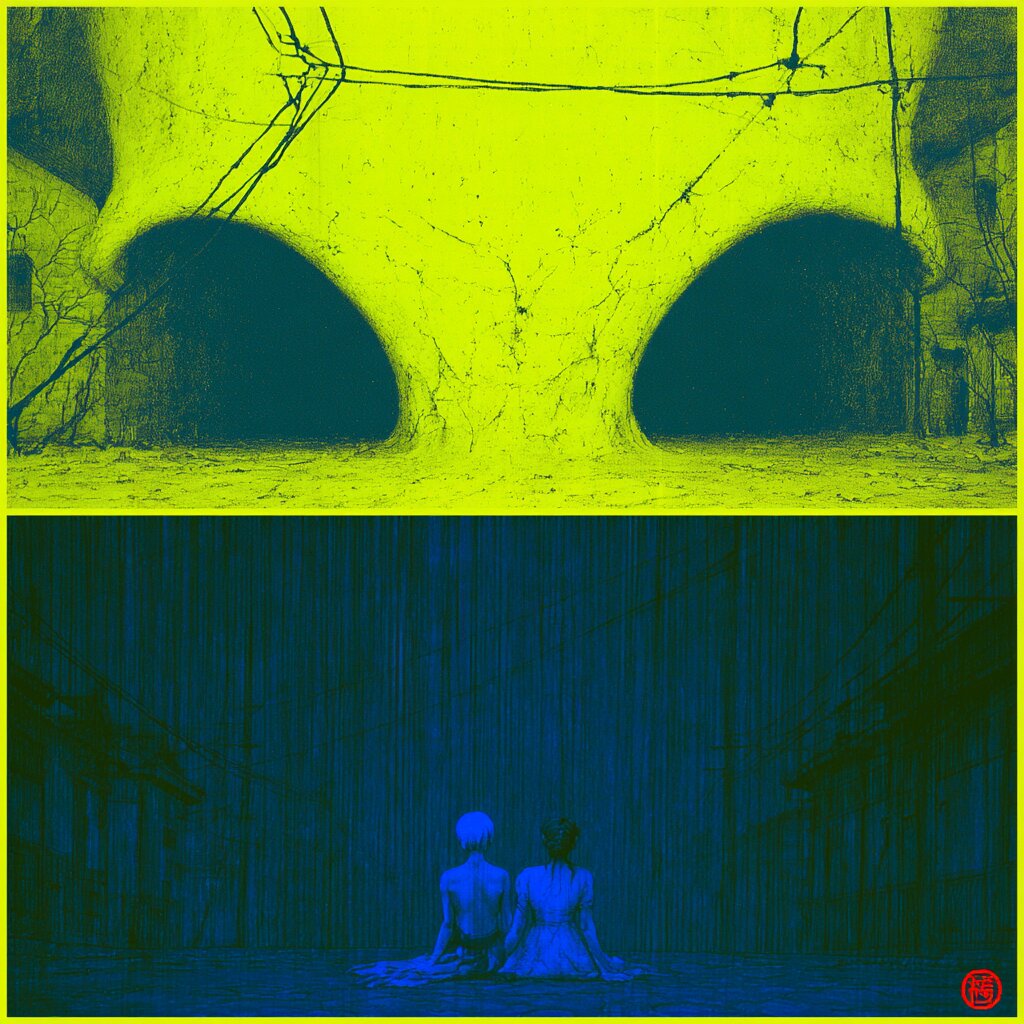 Another duotone diptych: cracked yellow archways in rock, and a blue rain scene of two figures sitting with their backs turned