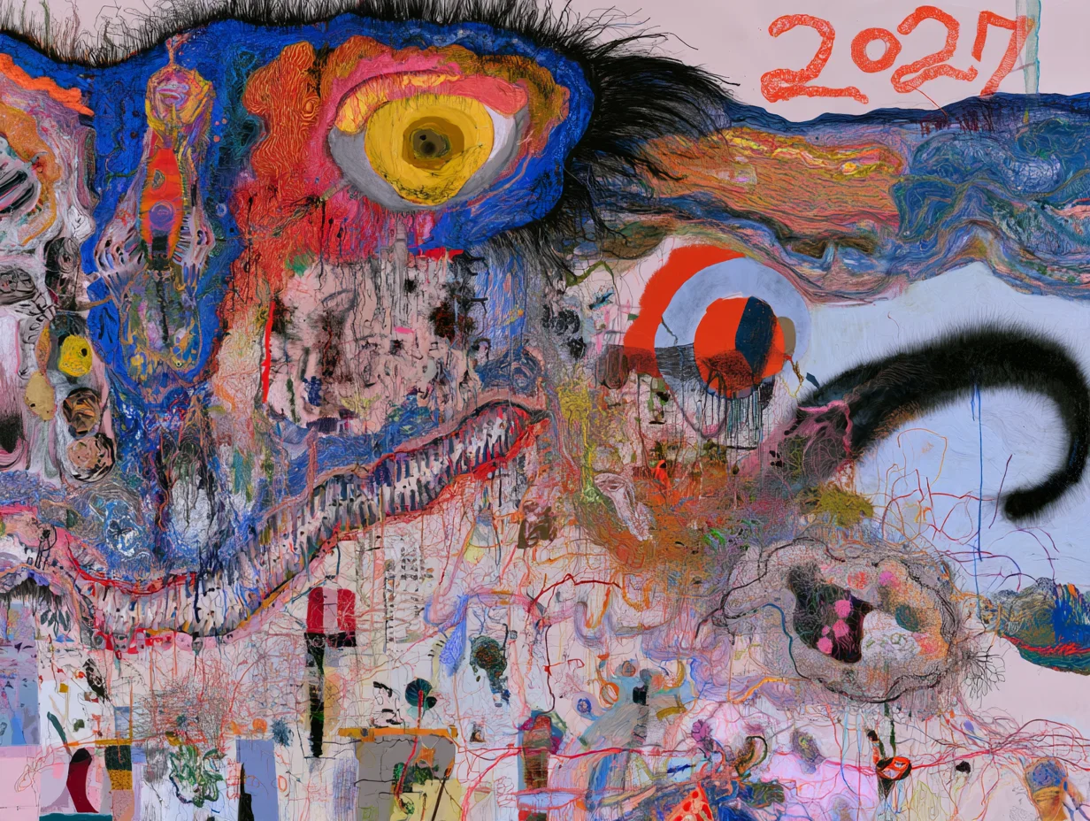 A chaotic, painterly composition with a large colourful eye and the handwritten digits 2027 in the corner, full of dense, tangled lines and scribbles