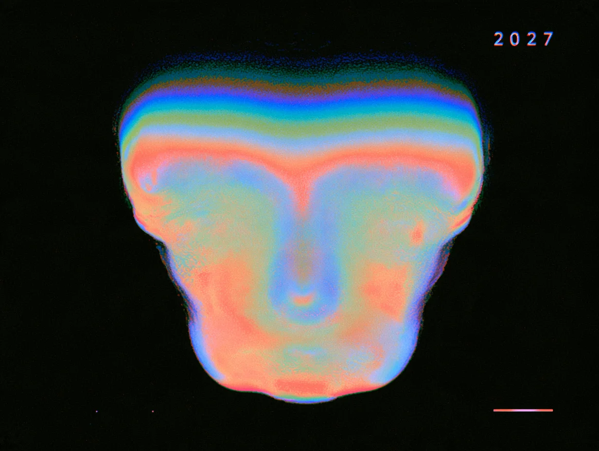 A symmetrical, iridescent face-like mask in blurred blues, oranges and pinks, with a digital colour-shift like a transmission glitch, the numerals 2027 in the corner