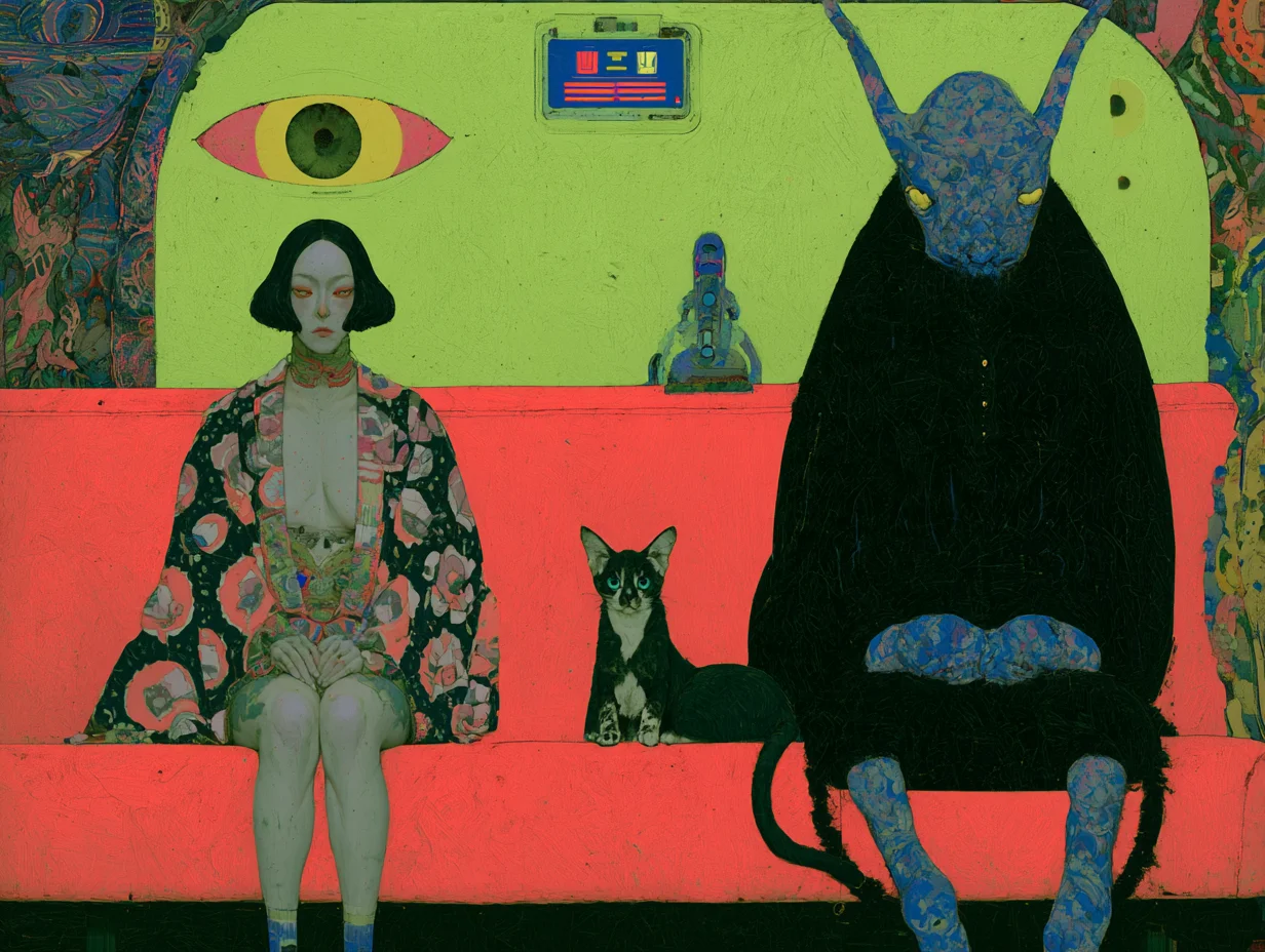 A surreal, vividly coloured scene: a woman in a kimono and a dark, horned creature sit side by side on a red couch beneath a green eye painted on the wall, a cat between them