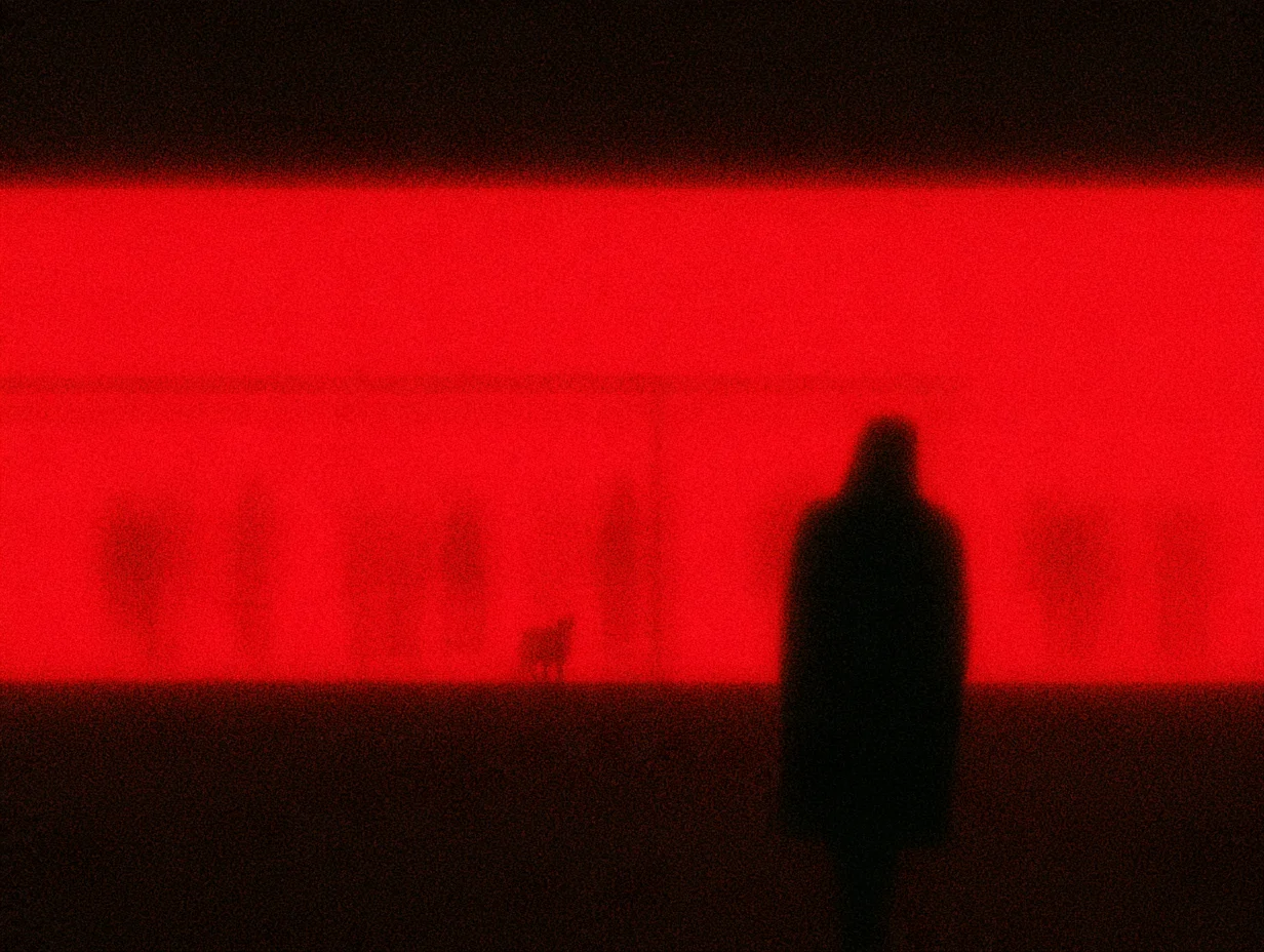 A crowd of silhouettes standing in shadow before a bright red glowing surface, every figure turned to face the light